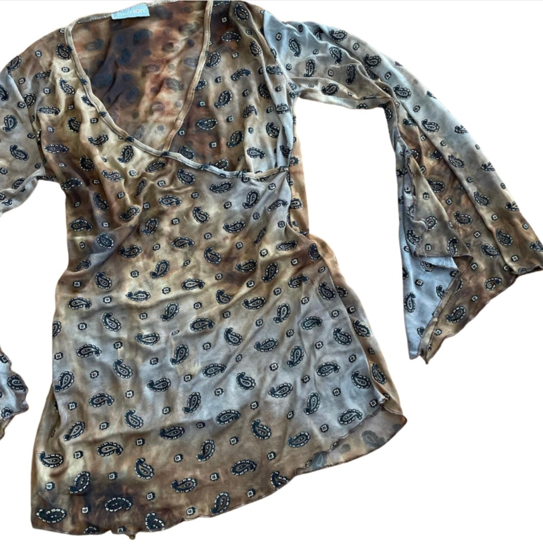 90’s/00s Mesh long sleeve paisley print top
