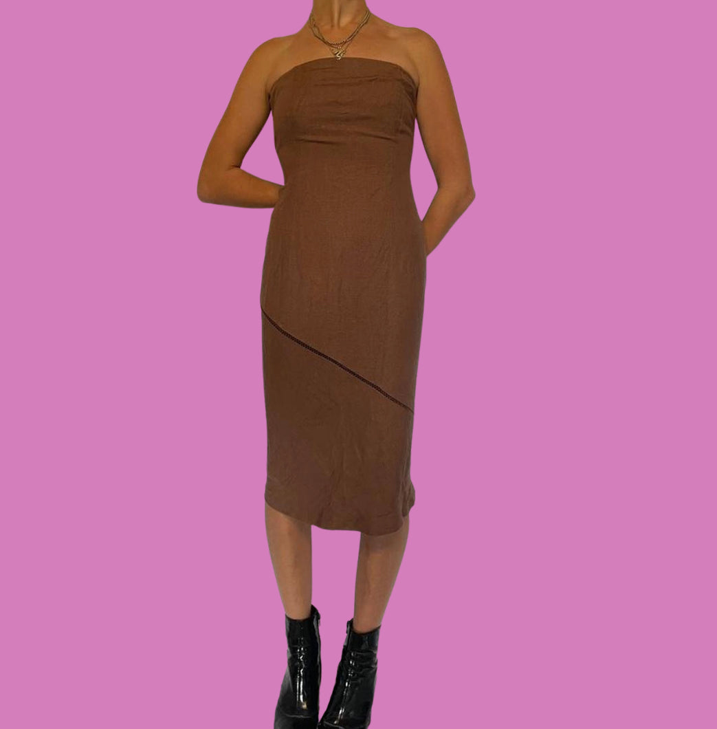 90s linen strapless midi dress
