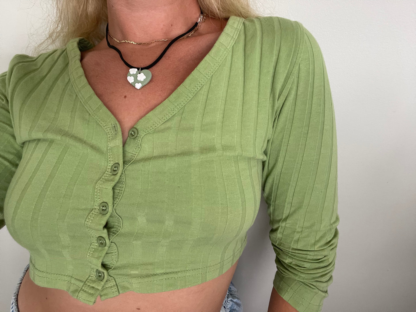 Sage and flowers heart polymer clay handmade necklace