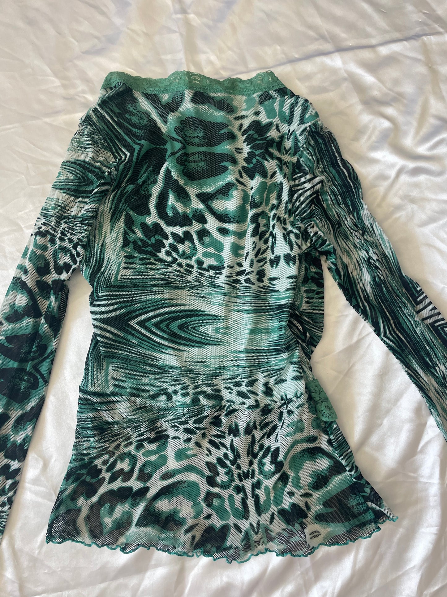 00’s mesh green Leppard print long sleeve