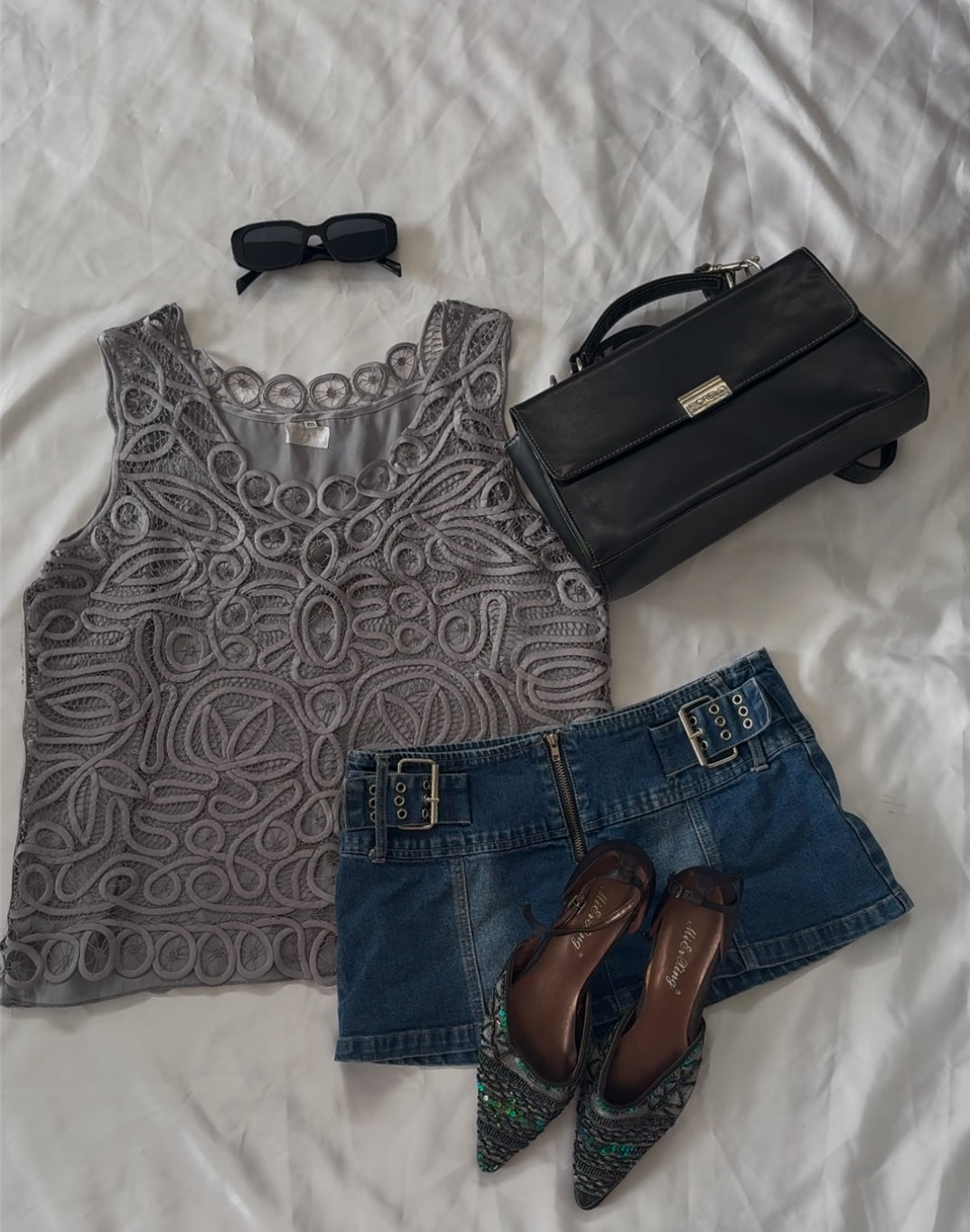 Vintage silver layered embroidered lace tanktop