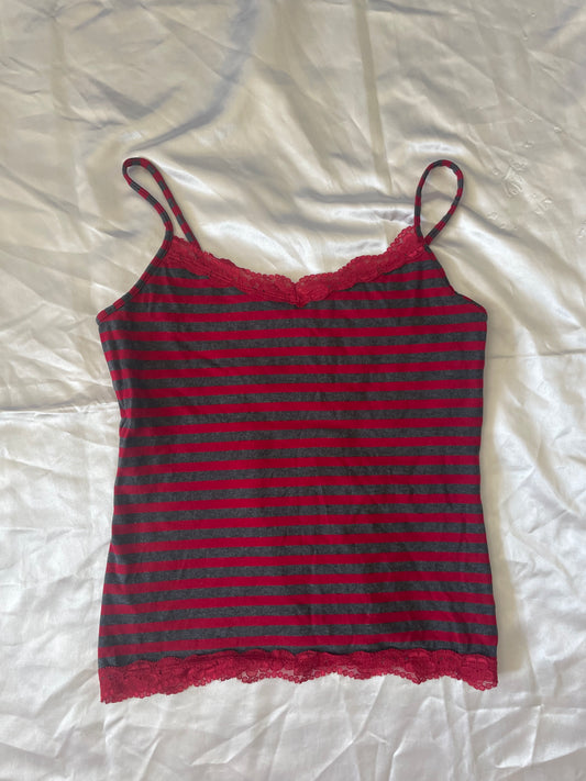 00’s red/grey stripe lace spaghetti strap fitted tank