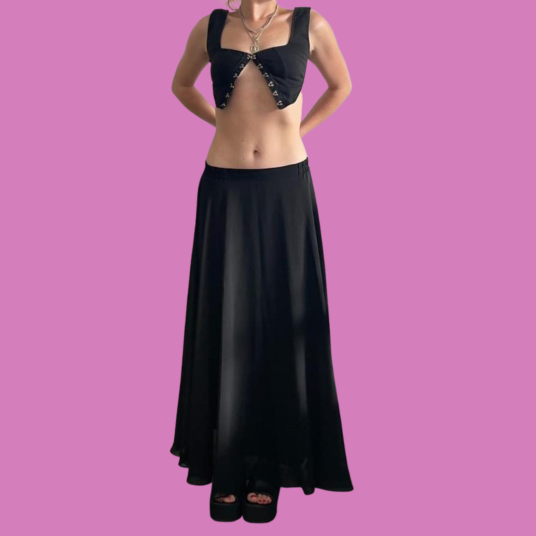 Vintage black layered formal maxi skirt