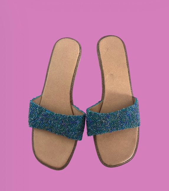 00’s beaded block heel sandals/slides