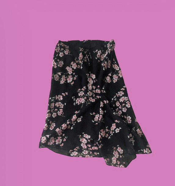 00’s sheer layered black/cherry blossom flowy midi skirt