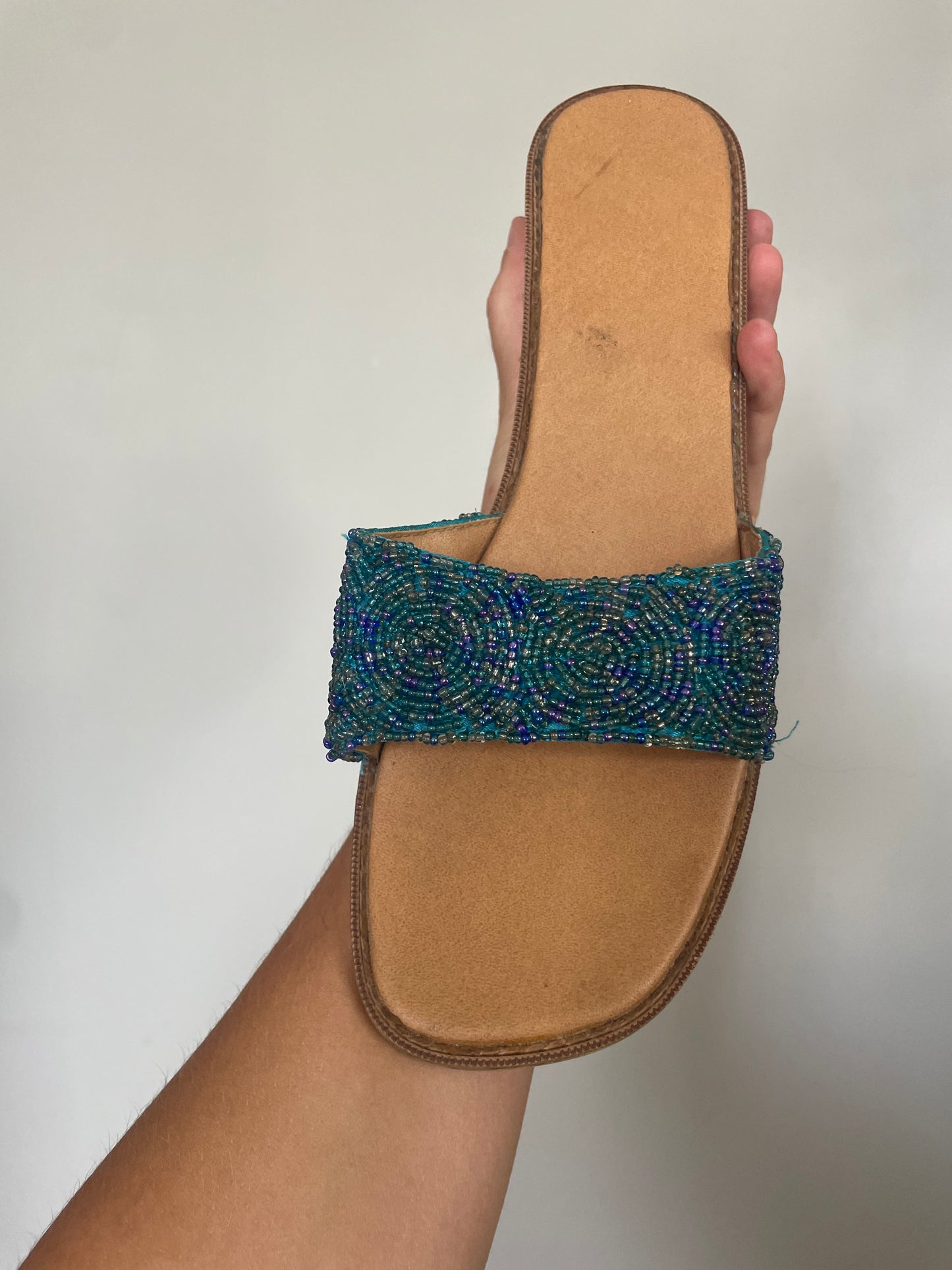 00’s beaded block heel sandals/slides