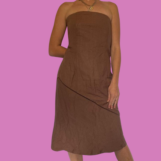 90s linen strapless midi dress