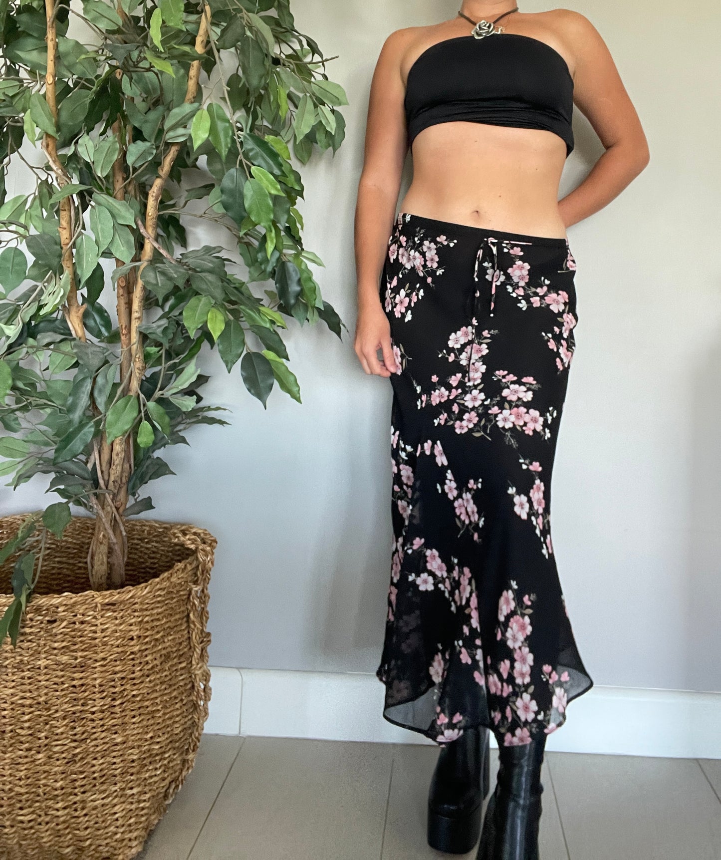 00’s sheer layered black/cherry blossom flowy midi skirt