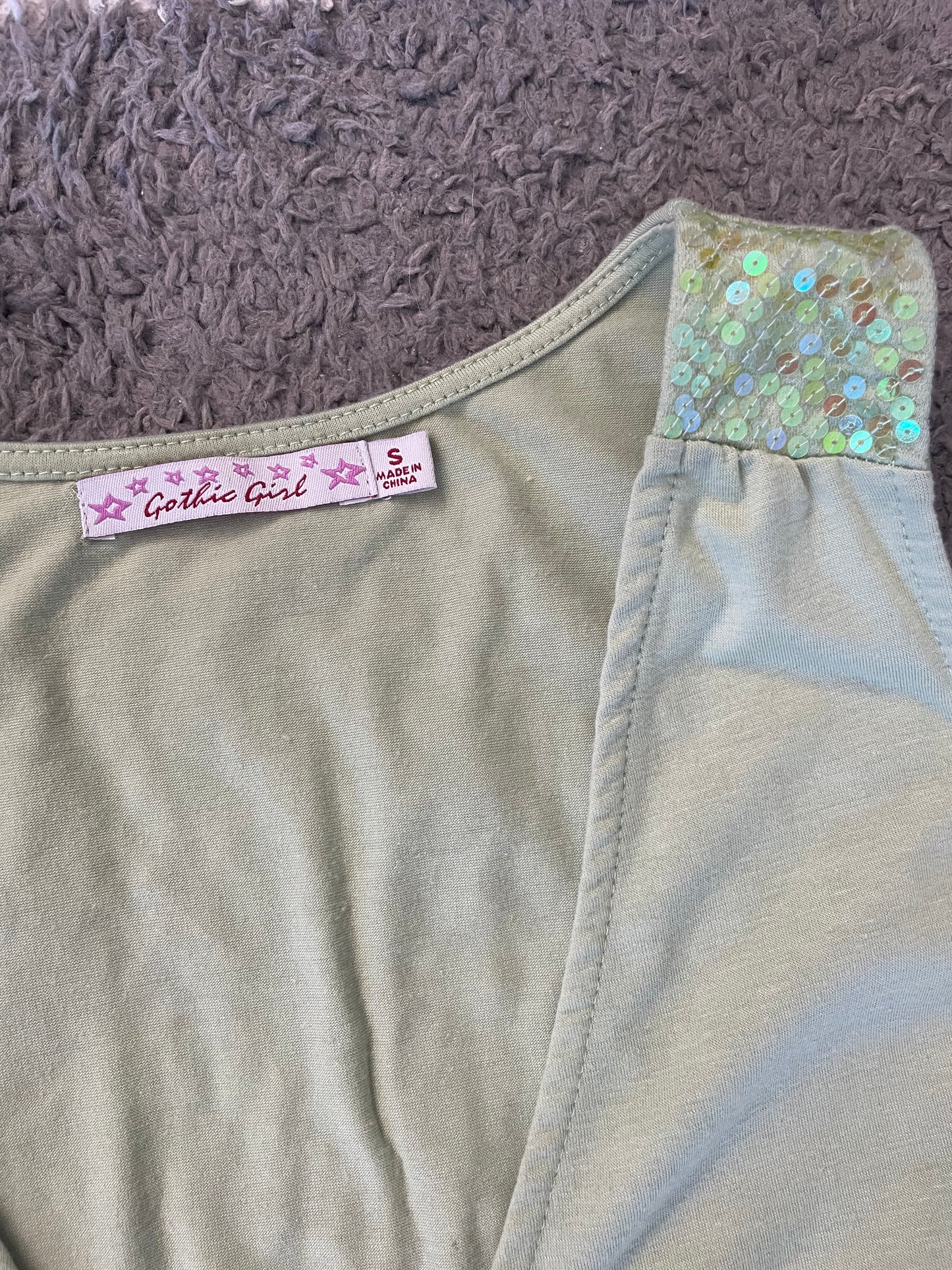 00s “gothic girl” sage green sequin tank top