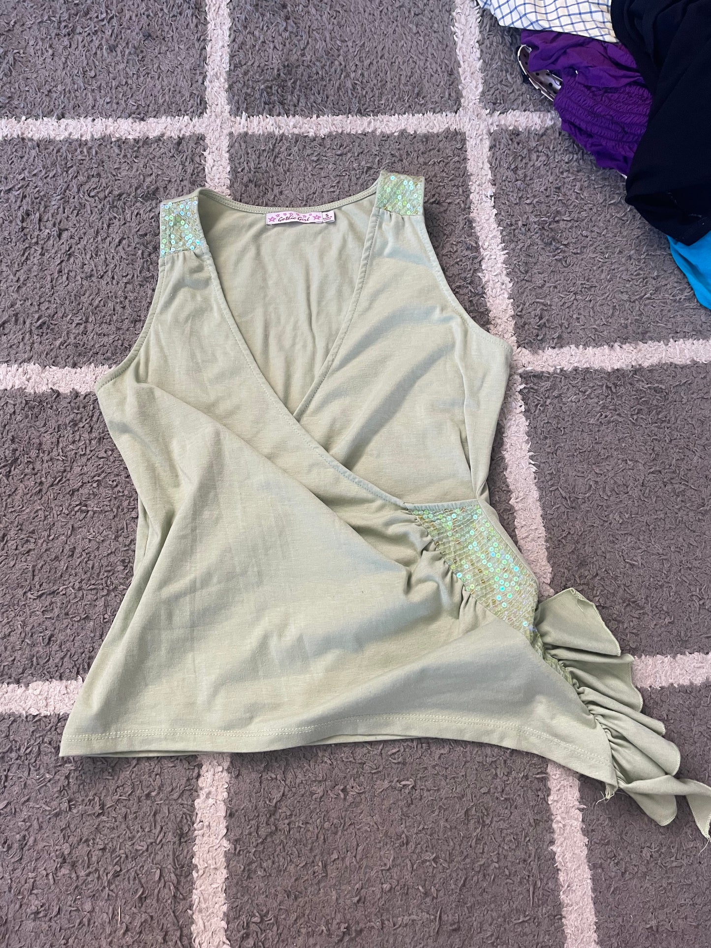 00s “gothic girl” sage green sequin tank top