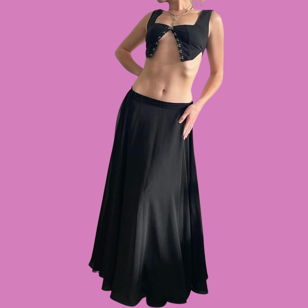 Vintage black layered formal maxi skirt