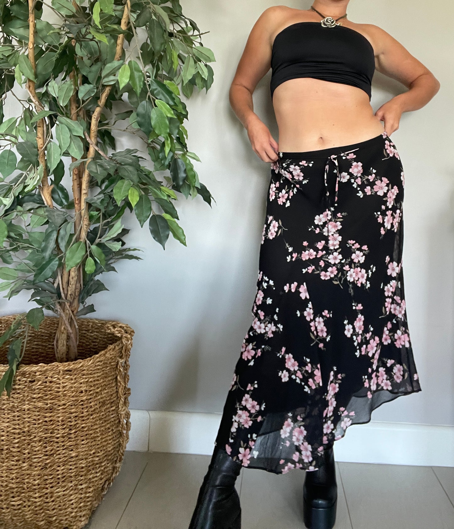 00’s sheer layered black/cherry blossom flowy midi skirt