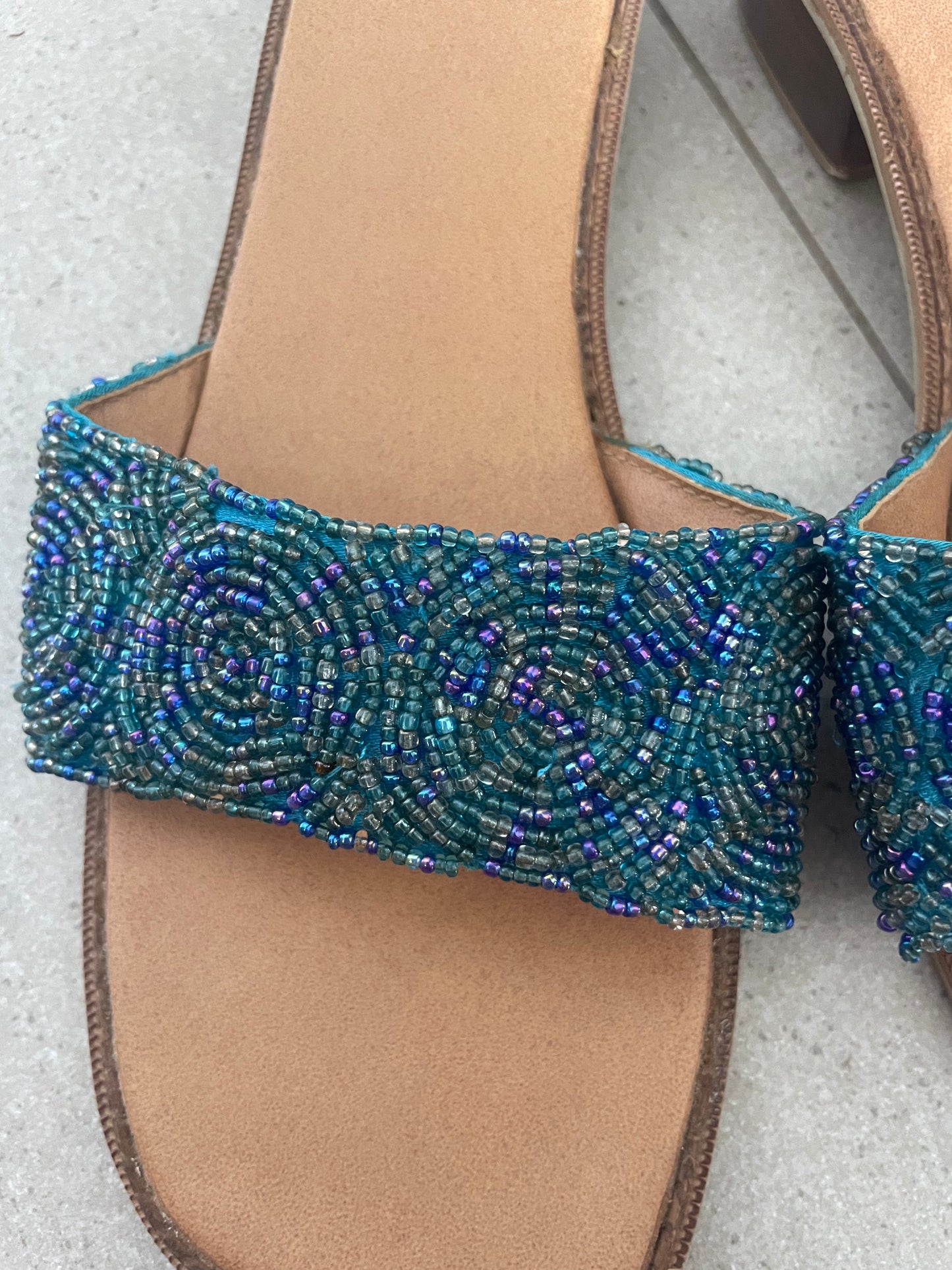 00’s beaded block heel sandals/slides